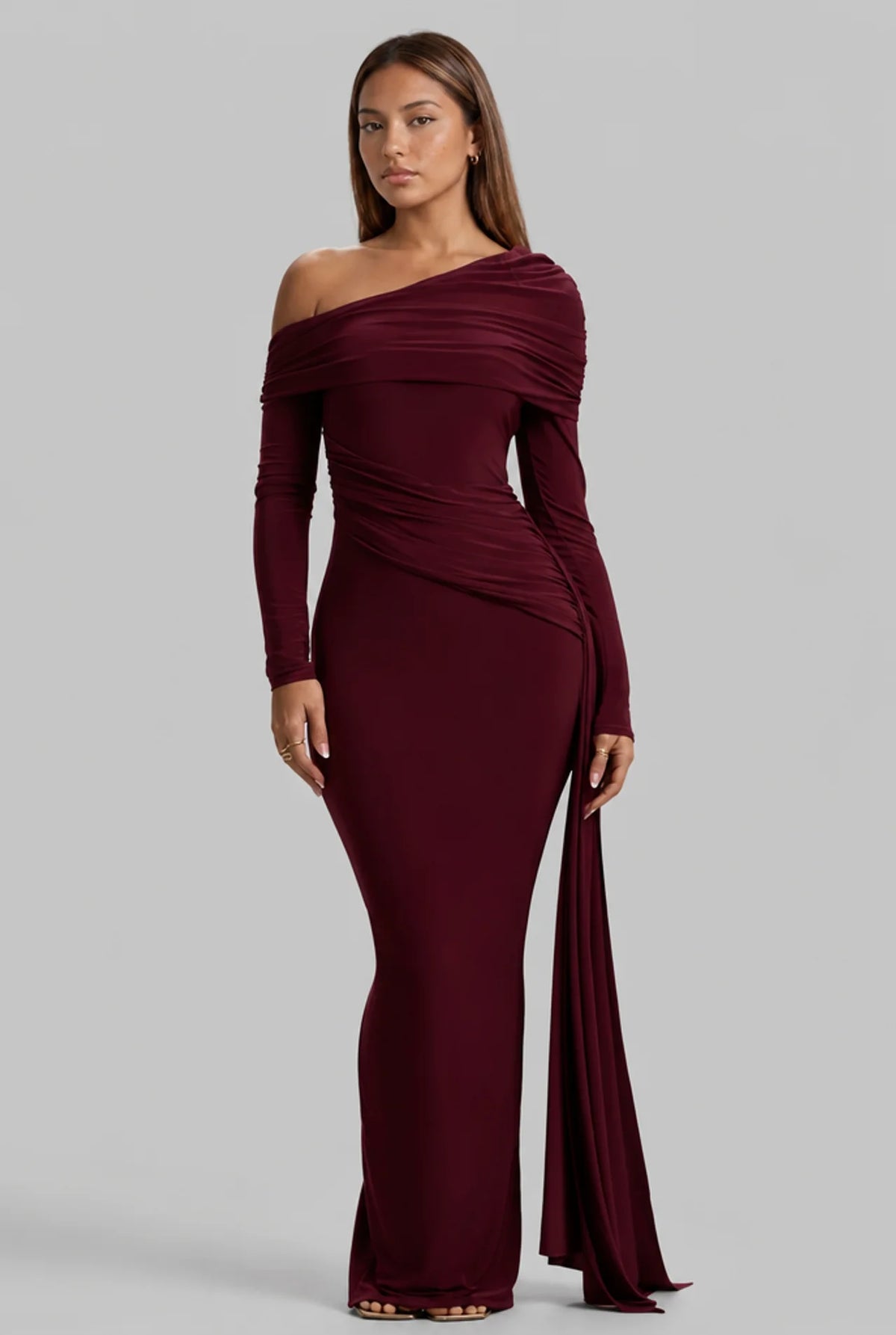 Off Shoulder Long Sleeve Draped Maxi Dress