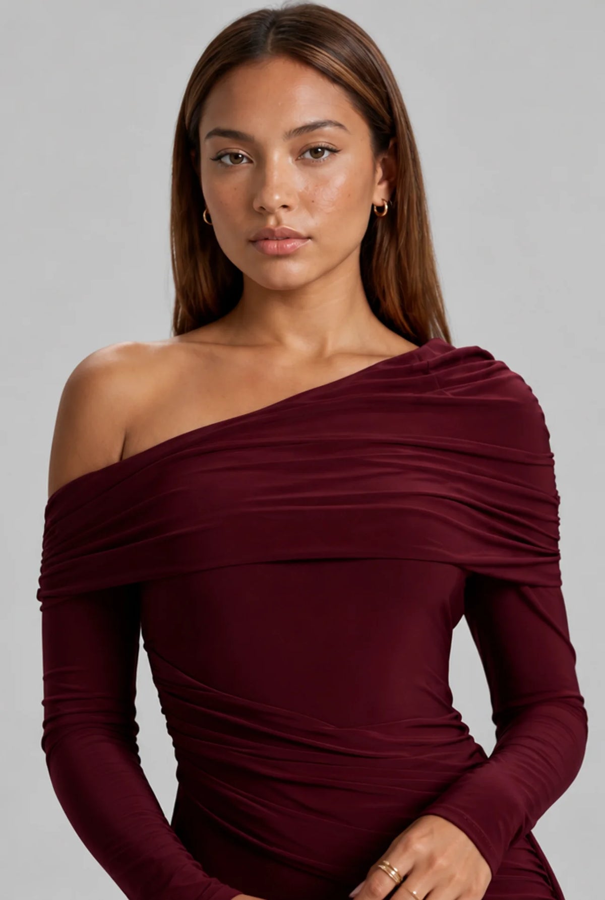 Off Shoulder Long Sleeve Draped Maxi Dress