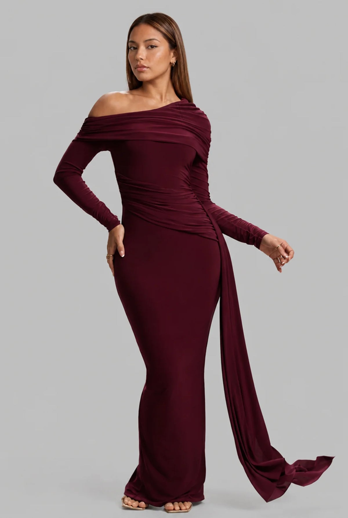 Off Shoulder Long Sleeve Draped Maxi Dress
