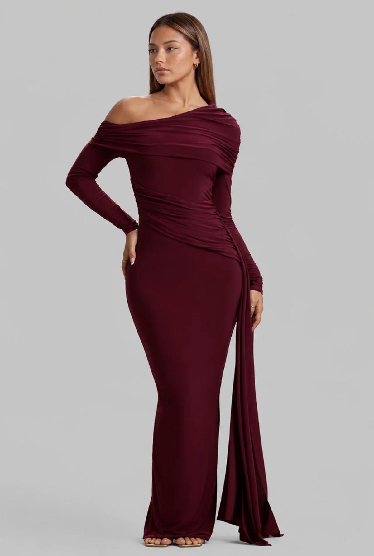 Off Shoulder Long Sleeve Draped Maxi Dress