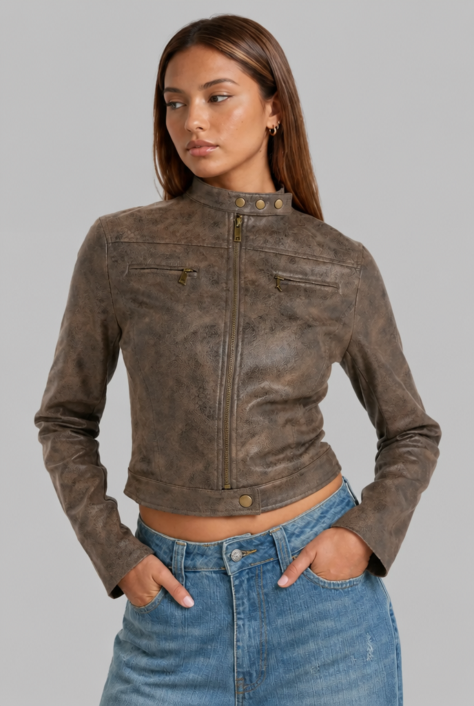 Cropped Faux Leather Jacket with Snap Collar