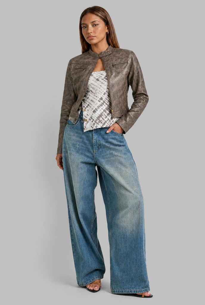 Cropped Faux Leather Jacket with Snap Collar