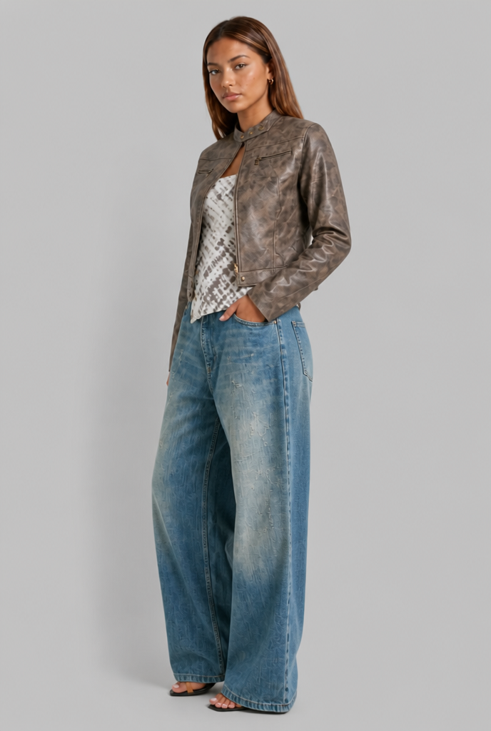 Cropped Faux Leather Jacket with Snap Collar