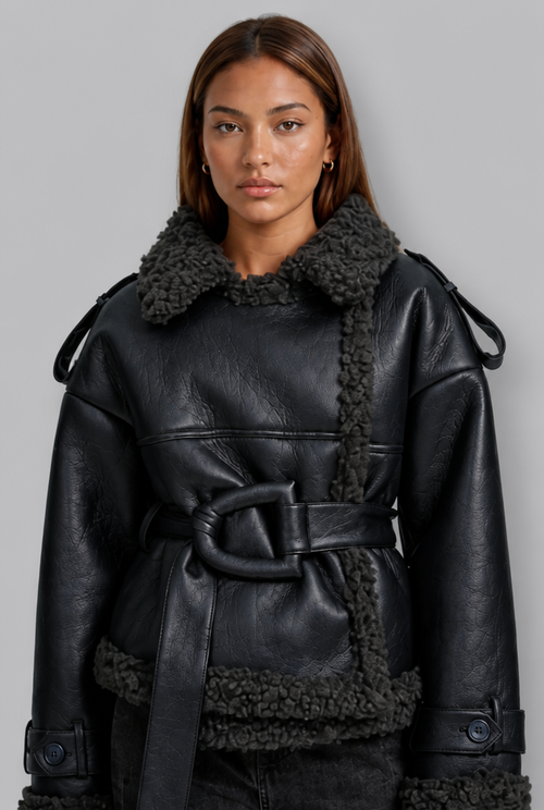 Faux Leather Coat with Faux Shearling Trim