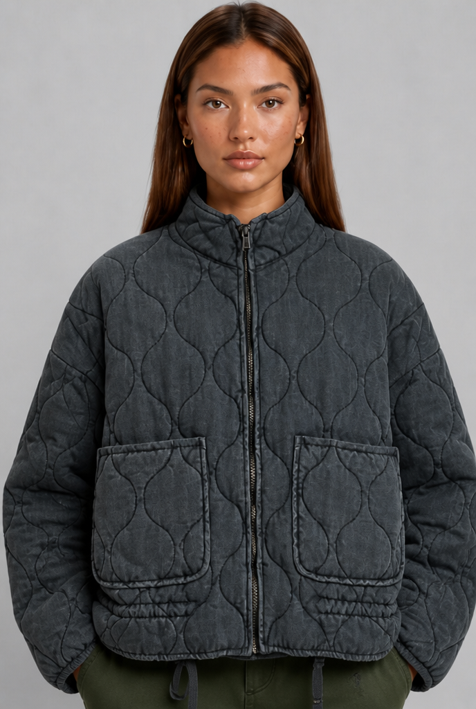 Quilted Wave Stitch Zip Jacket