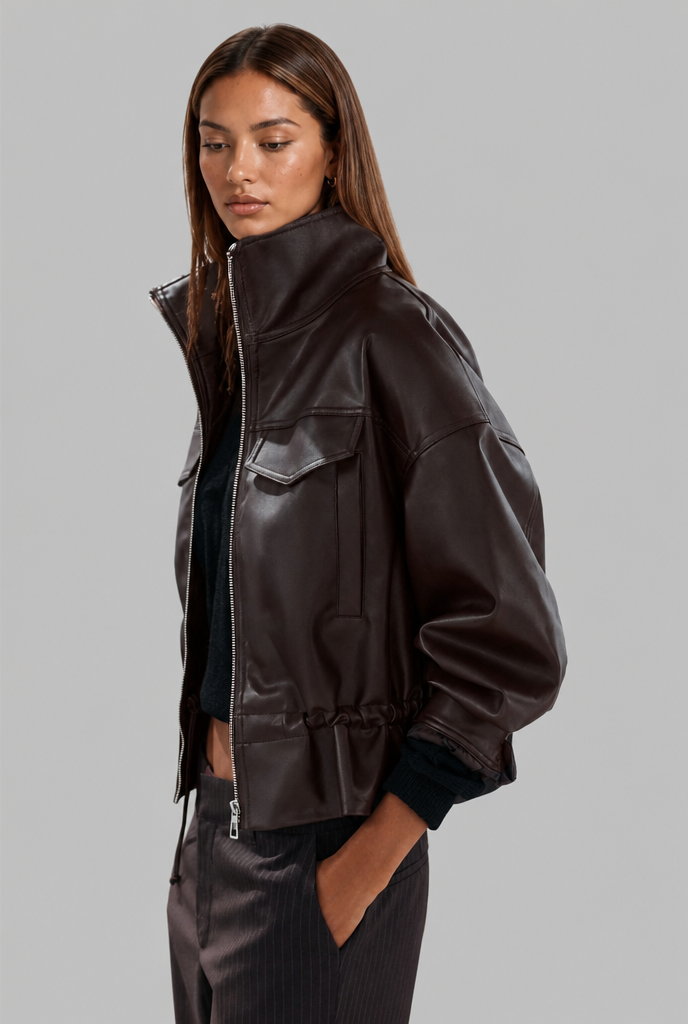 Oversized Faux Leather Bomber Jacket