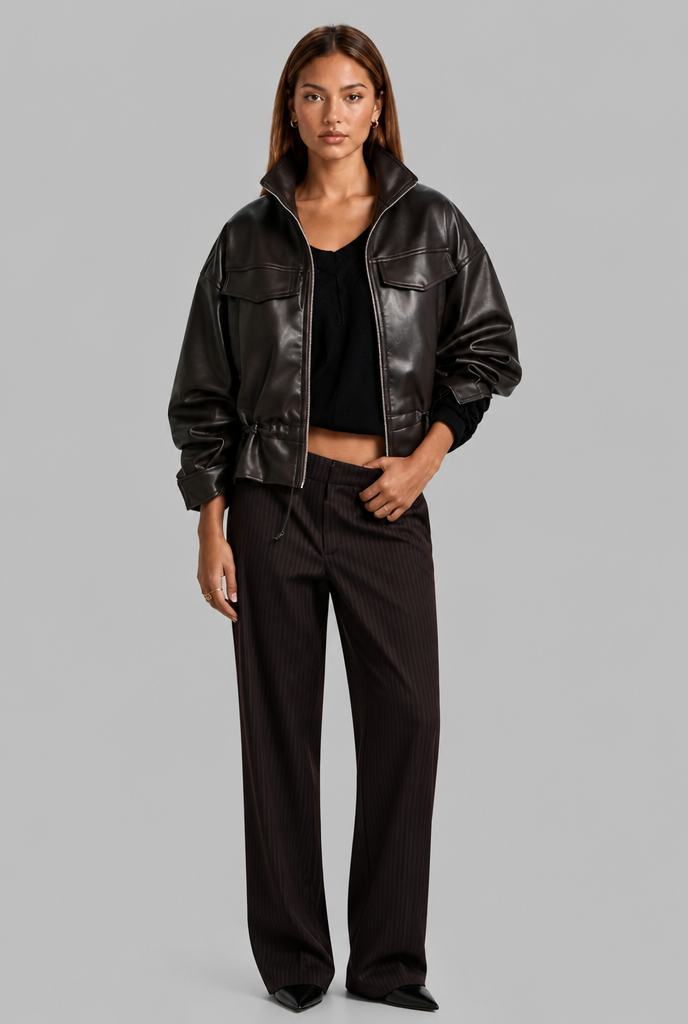 Oversized Faux Leather Bomber Jacket