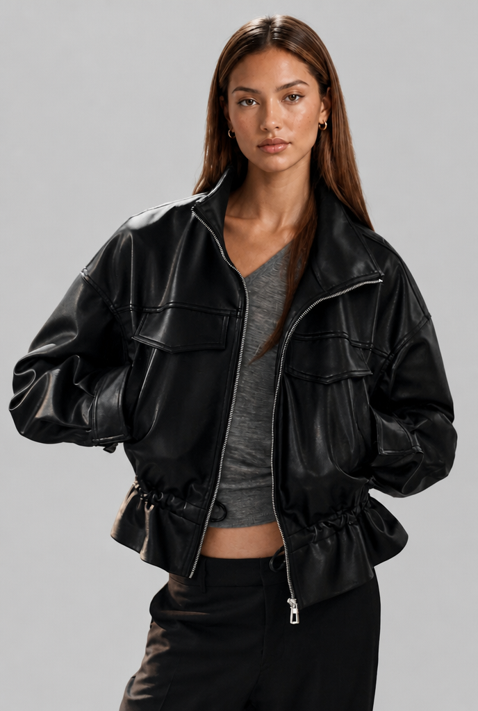 Oversized Faux Leather Bomber Jacket