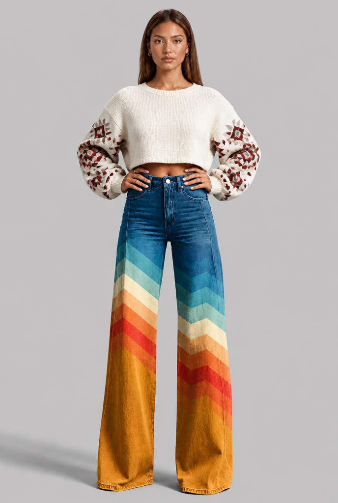 Wide Leg Jeans with Printed Gradient Design