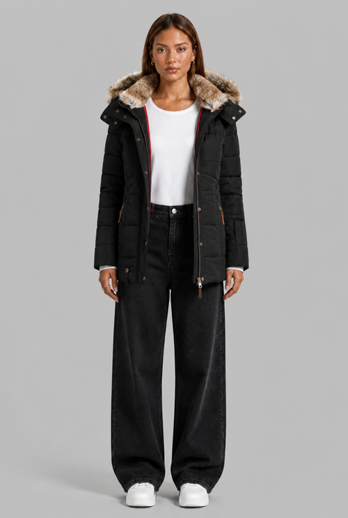 Puffer Coat with Faux Fur Hood