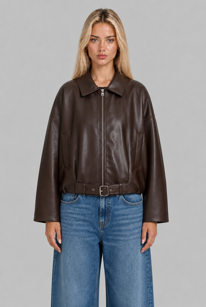 Belted Faux Leather Bomber Jacket