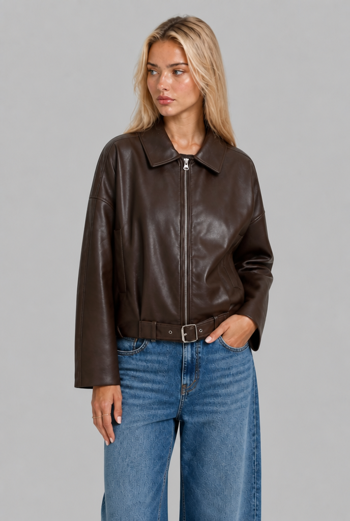 Belted Faux Leather Bomber Jacket
