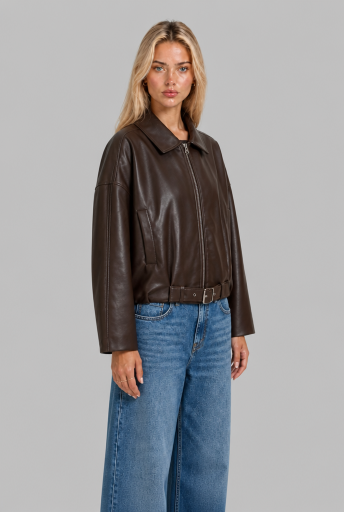 Belted Faux Leather Bomber Jacket