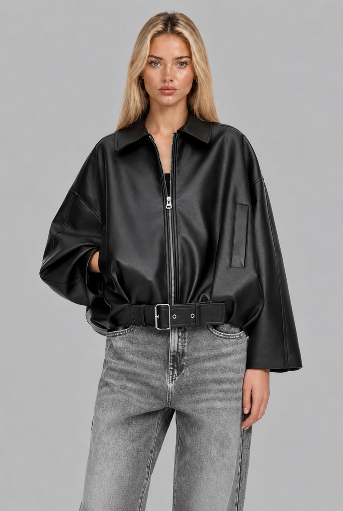 Belted Faux Leather Bomber Jacket