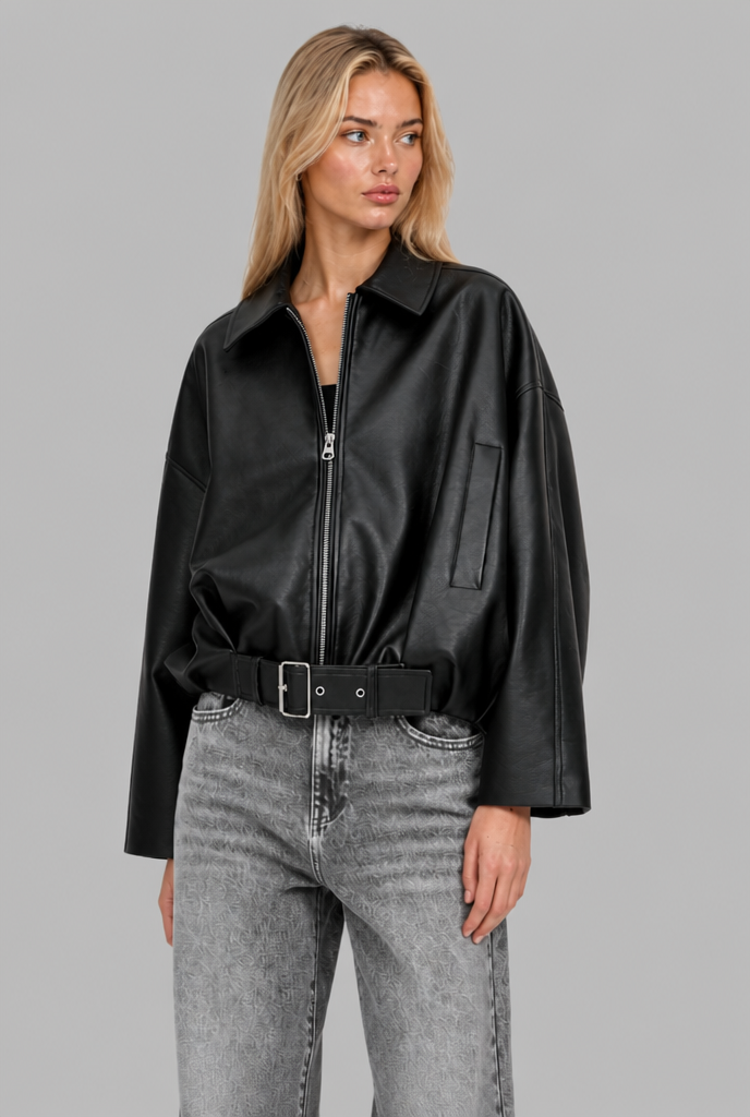 Belted Faux Leather Bomber Jacket