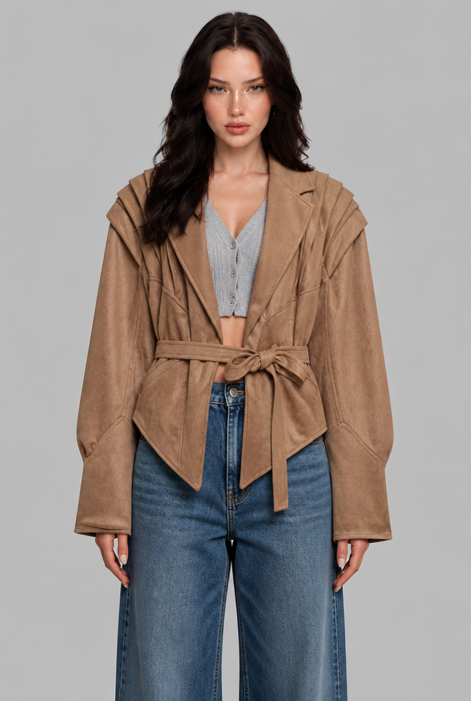 Faux Suede Jacket with Pleated Shoulder Detail