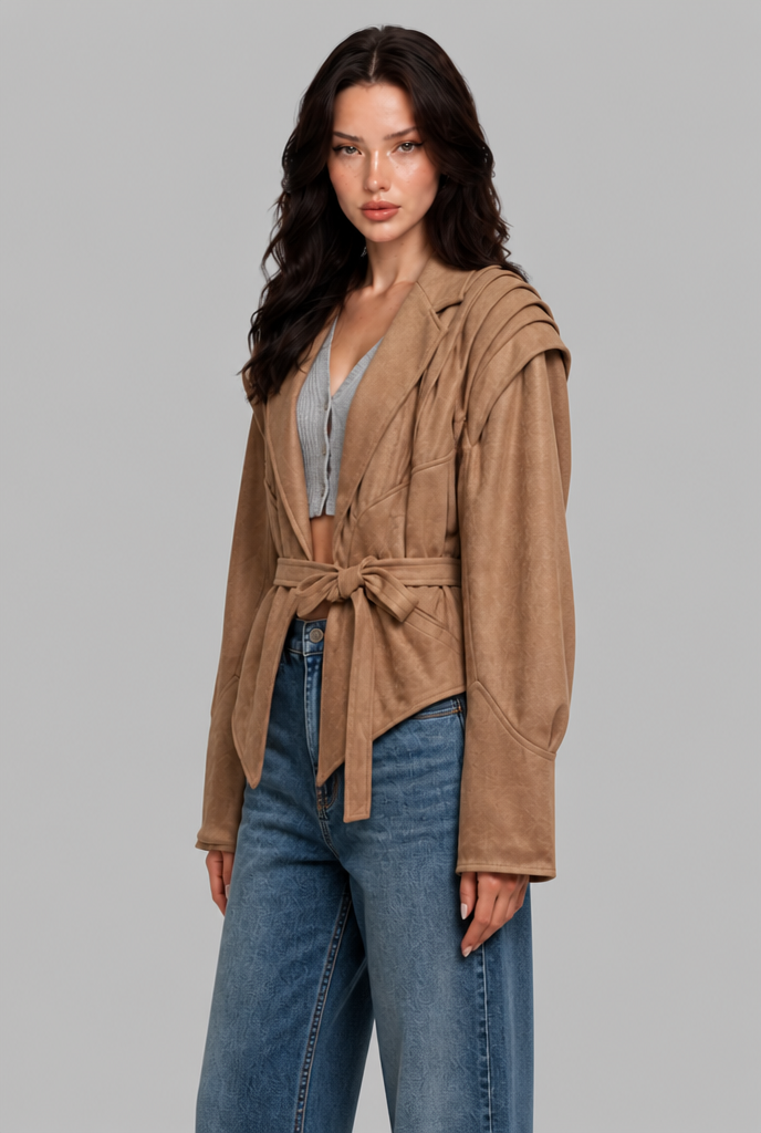 Faux Suede Jacket with Pleated Shoulder Detail