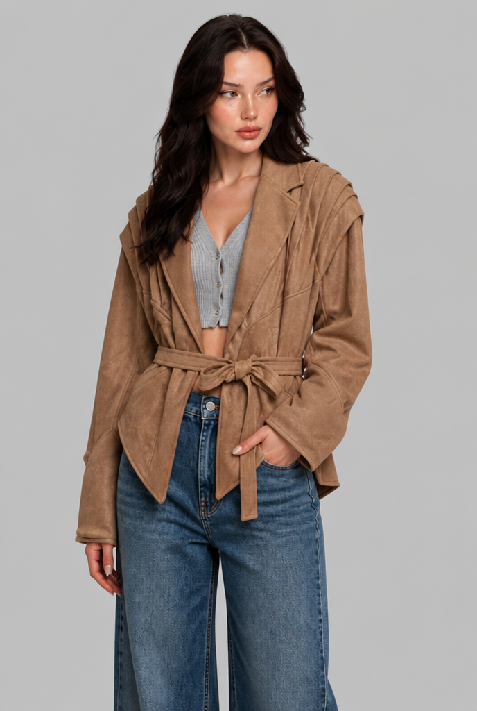 Faux Suede Jacket with Pleated Shoulder Detail