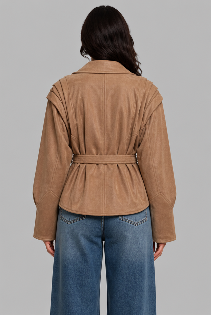 Faux Suede Jacket with Pleated Shoulder Detail