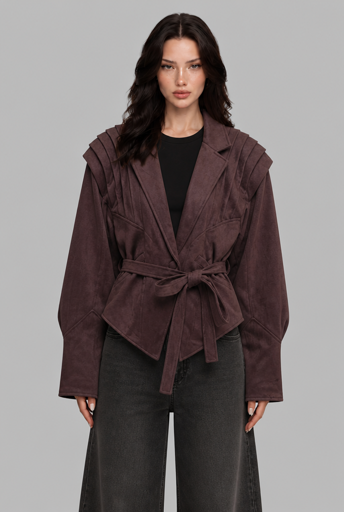 Faux Suede Jacket with Pleated Shoulder Detail