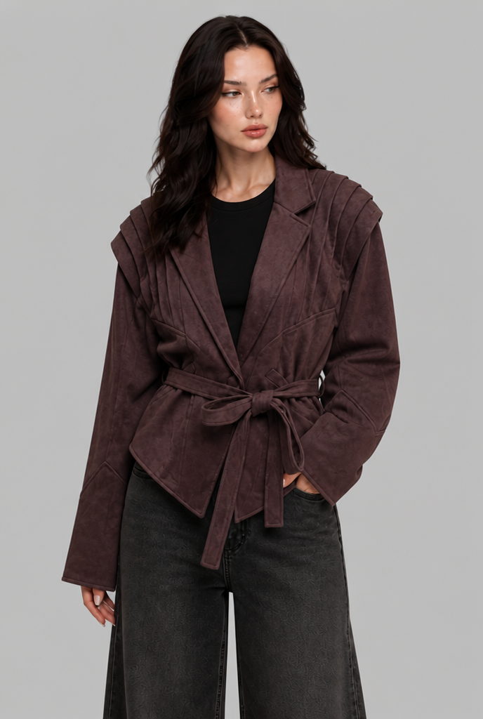 Faux Suede Jacket with Pleated Shoulder Detail