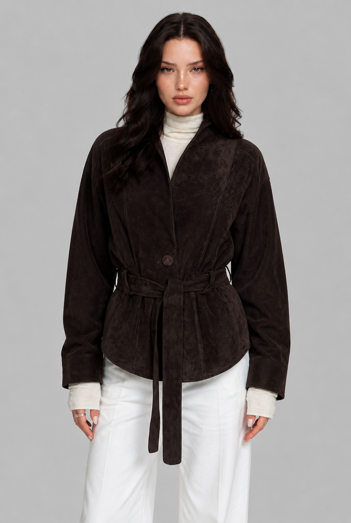 Faux Suede Jacket with Front Tie Belt