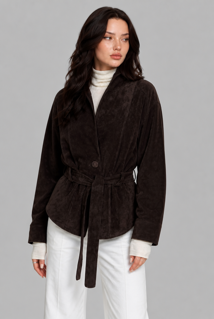 Faux Suede Jacket with Front Tie Belt