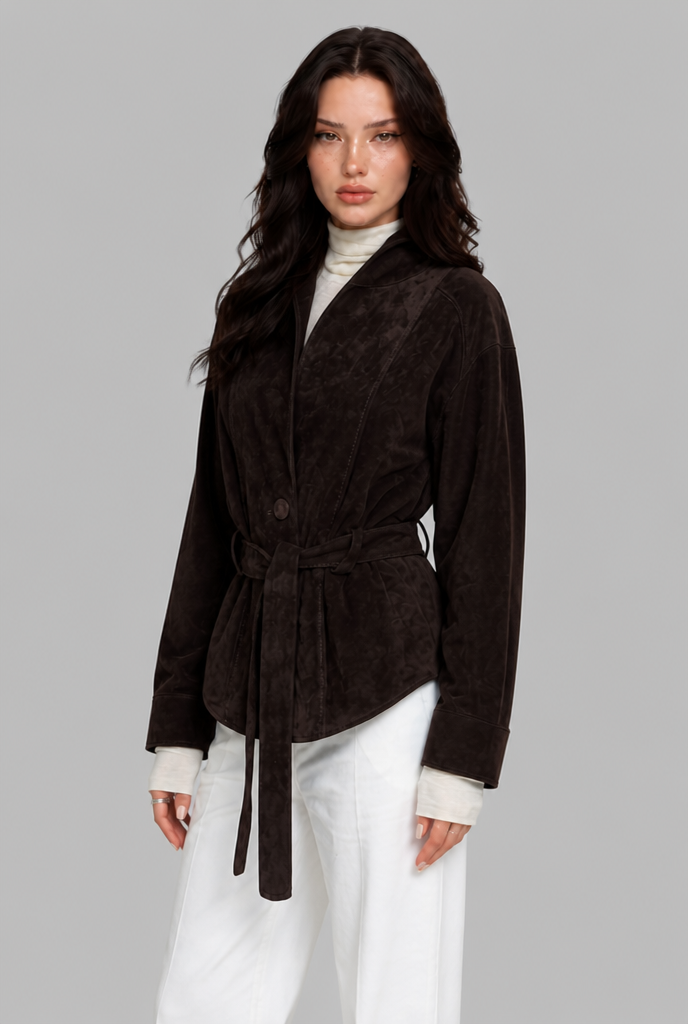 Faux Suede Jacket with Front Tie Belt