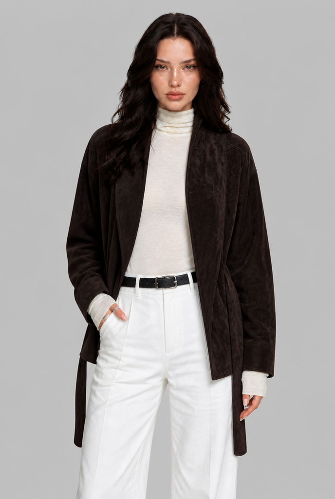 Faux Suede Jacket with Front Tie Belt
