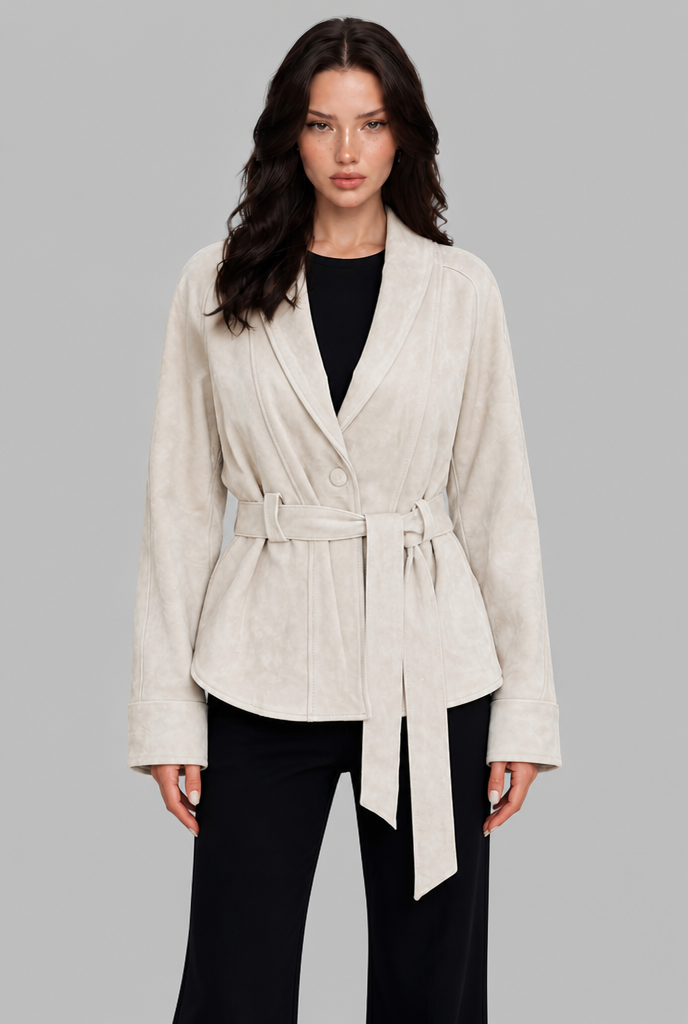 Faux Suede Jacket with Front Tie Belt