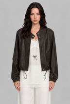 Faux Leather Bomber Jacket with Drawstring Hem