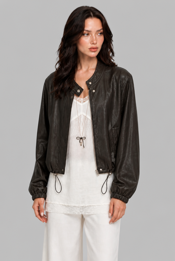 Faux Leather Bomber Jacket with Drawstring Hem