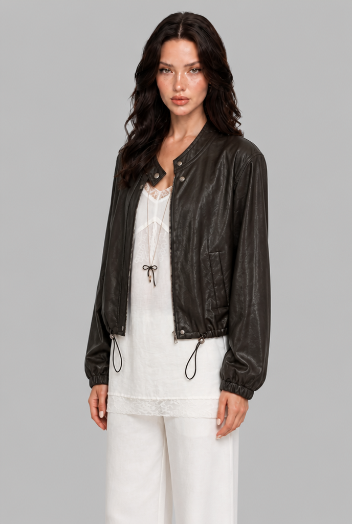 Faux Leather Bomber Jacket with Drawstring Hem