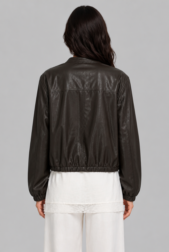 Faux Leather Bomber Jacket with Drawstring Hem