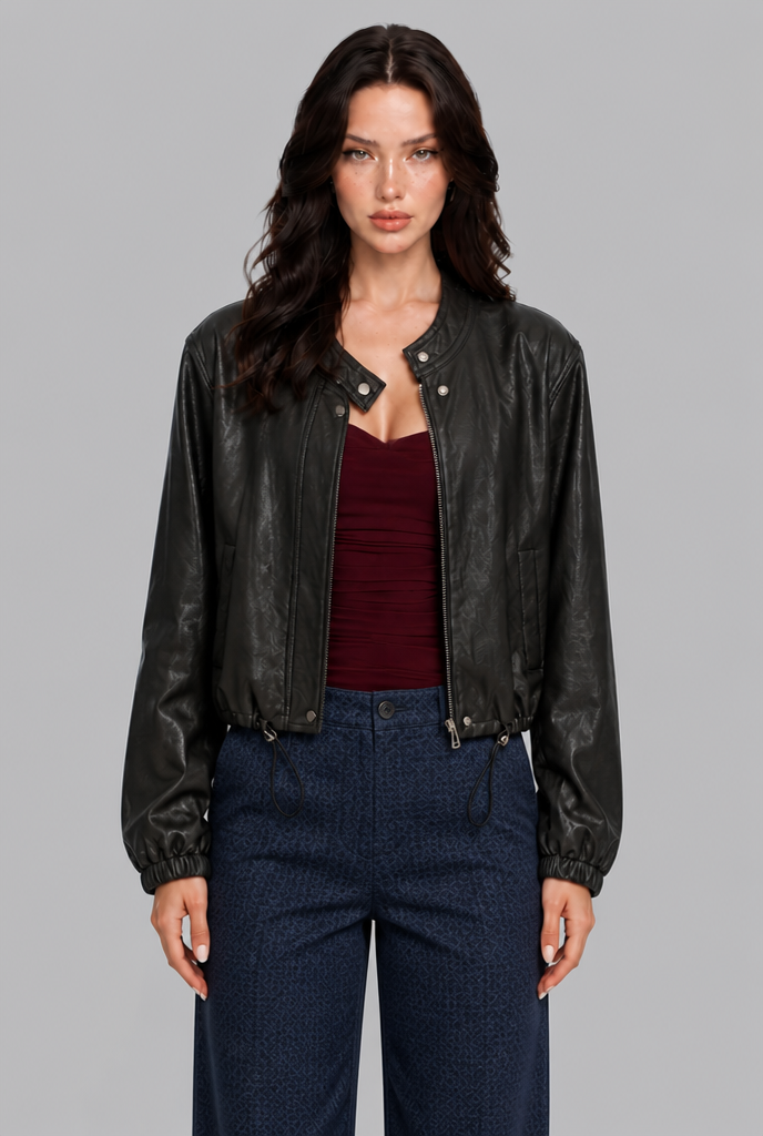 Faux Leather Bomber Jacket with Drawstring Hem