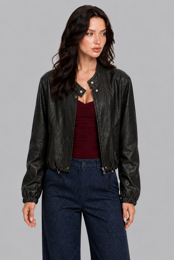 Faux Leather Bomber Jacket with Drawstring Hem