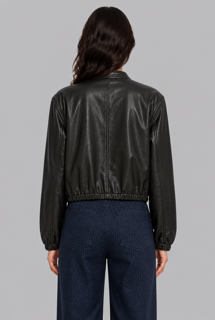 Faux Leather Bomber Jacket with Drawstring Hem