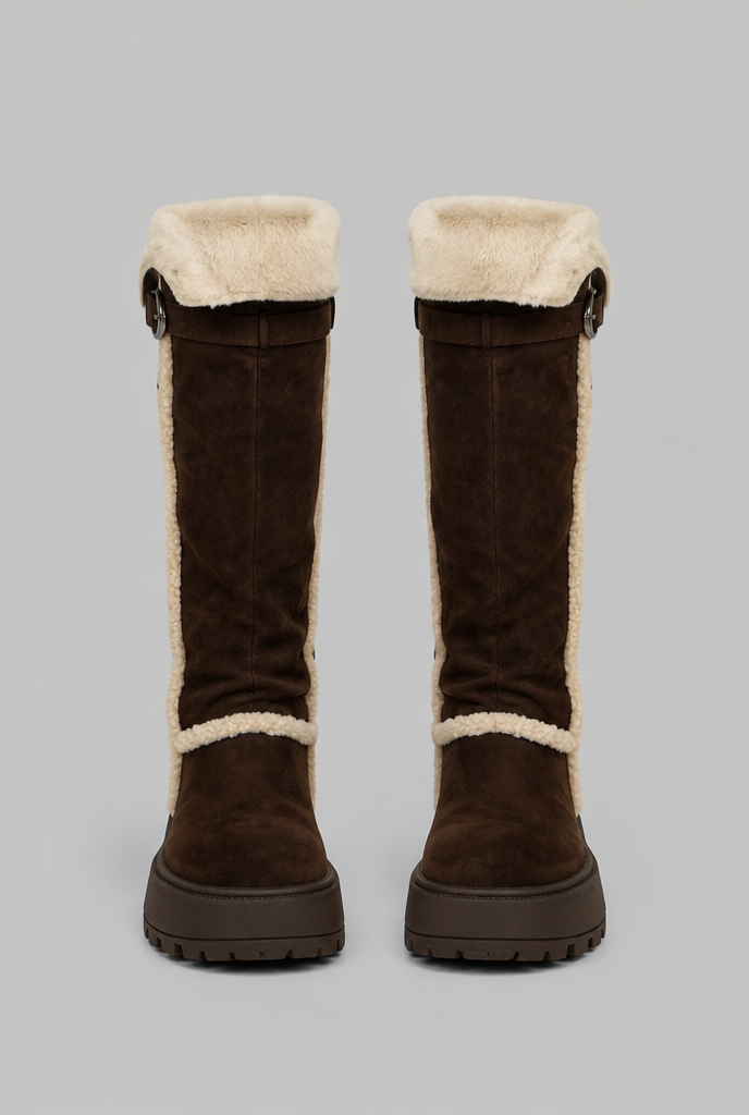 Platform Knee High Boots with Faux Shearling Cuff