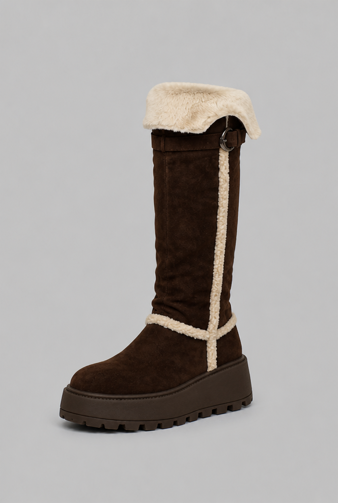 Platform Knee High Boots with Faux Shearling Cuff