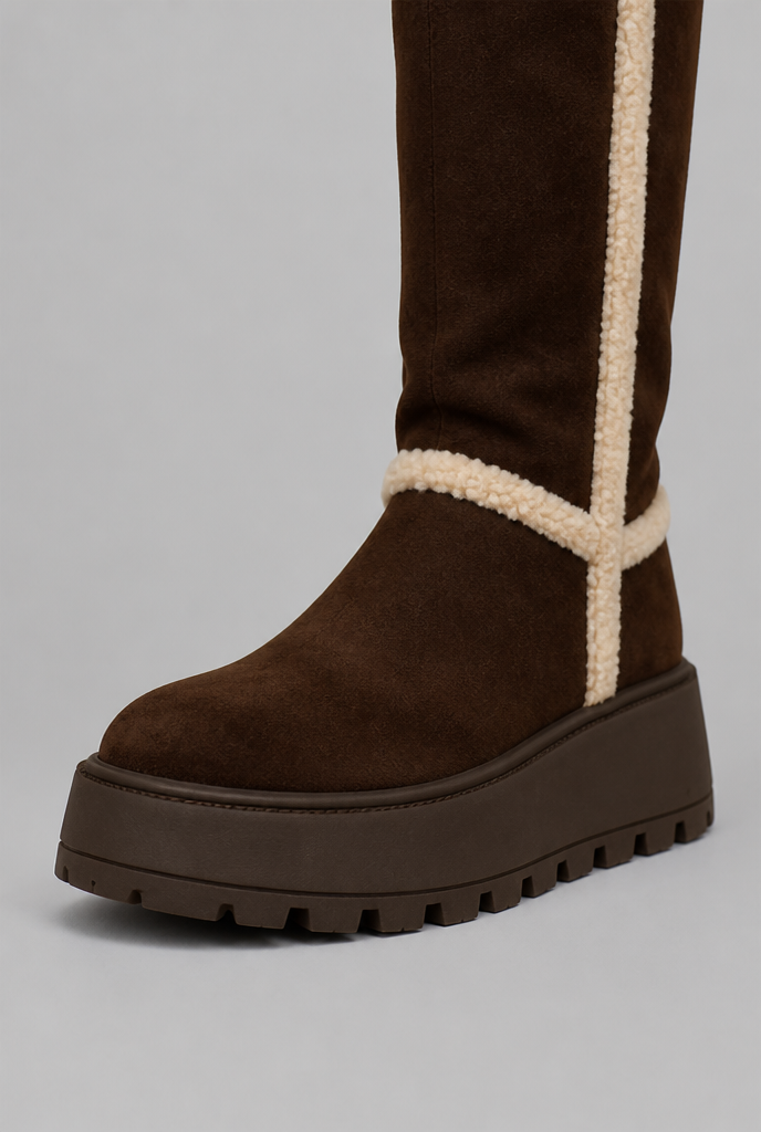Platform Knee High Boots with Faux Shearling Cuff