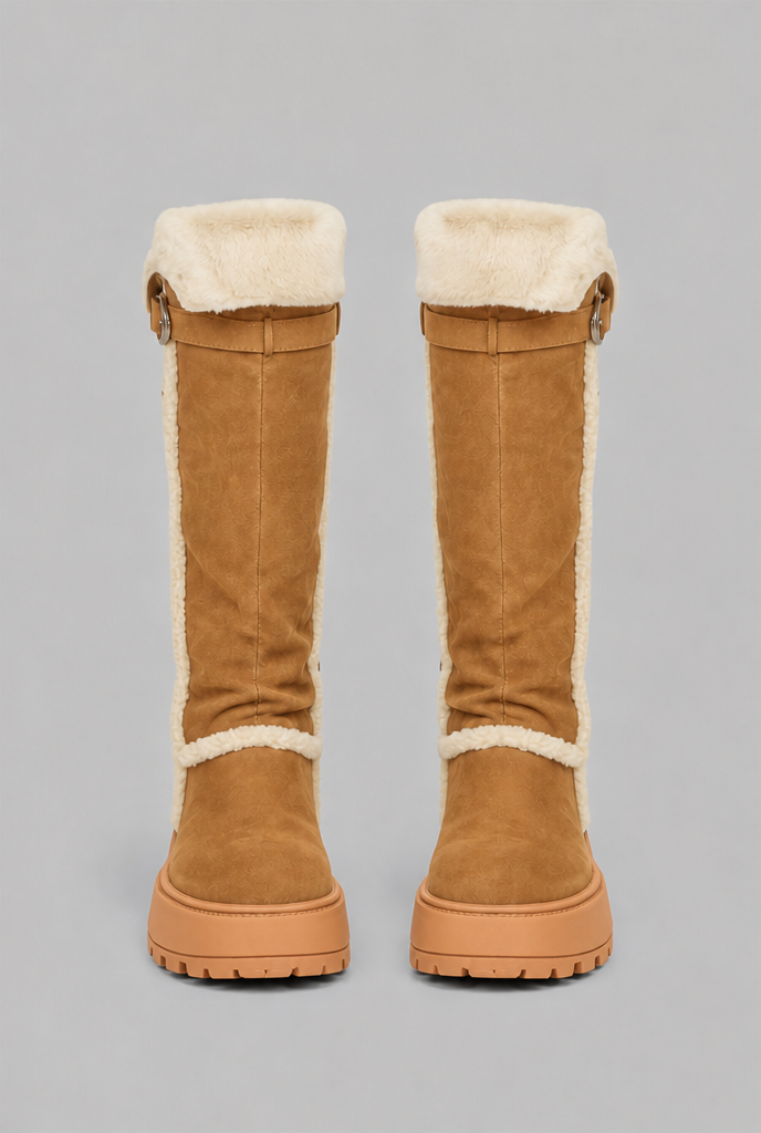 Platform Knee High Boots with Faux Shearling Cuff