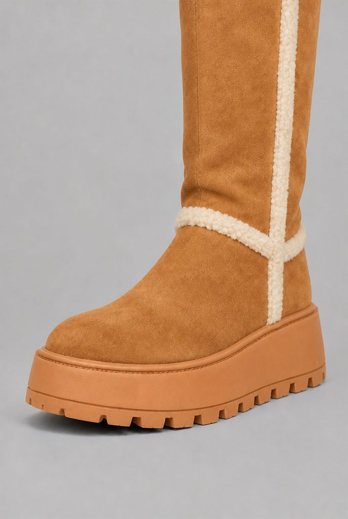 Platform Knee High Boots with Faux Shearling Cuff