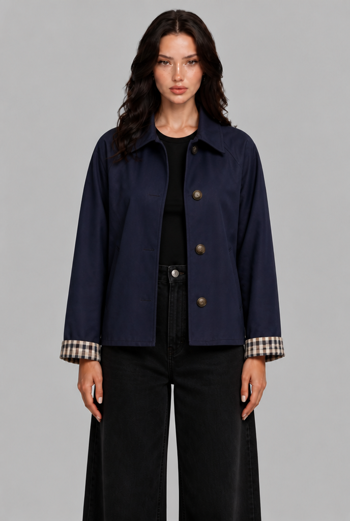 Cropped Trench Jacket with Gingham Cuffs