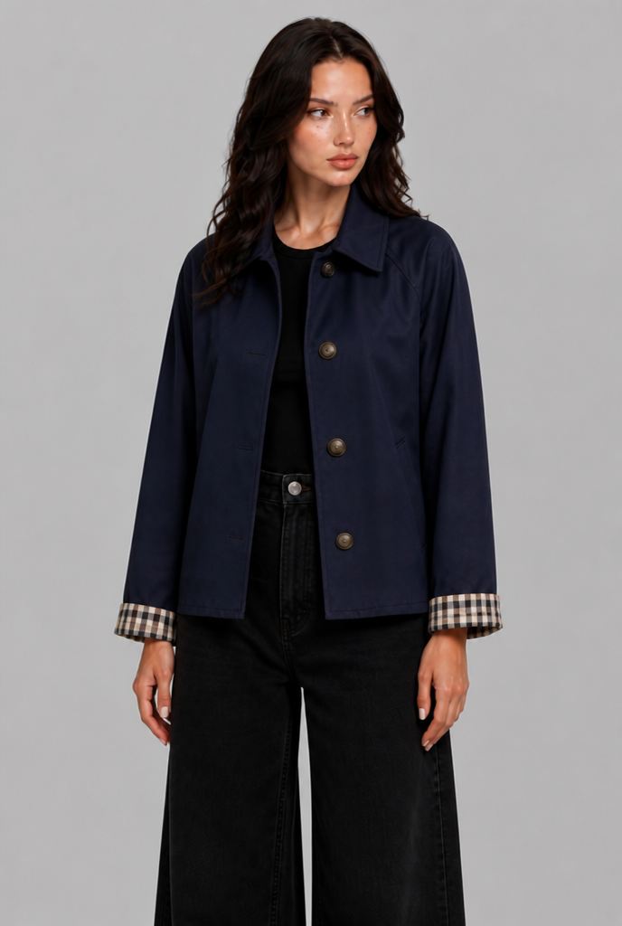 Cropped Trench Jacket with Gingham Cuffs