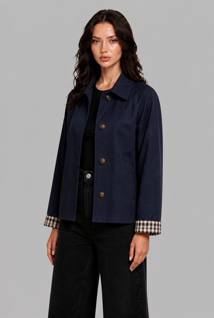 Cropped Trench Jacket with Gingham Cuffs
