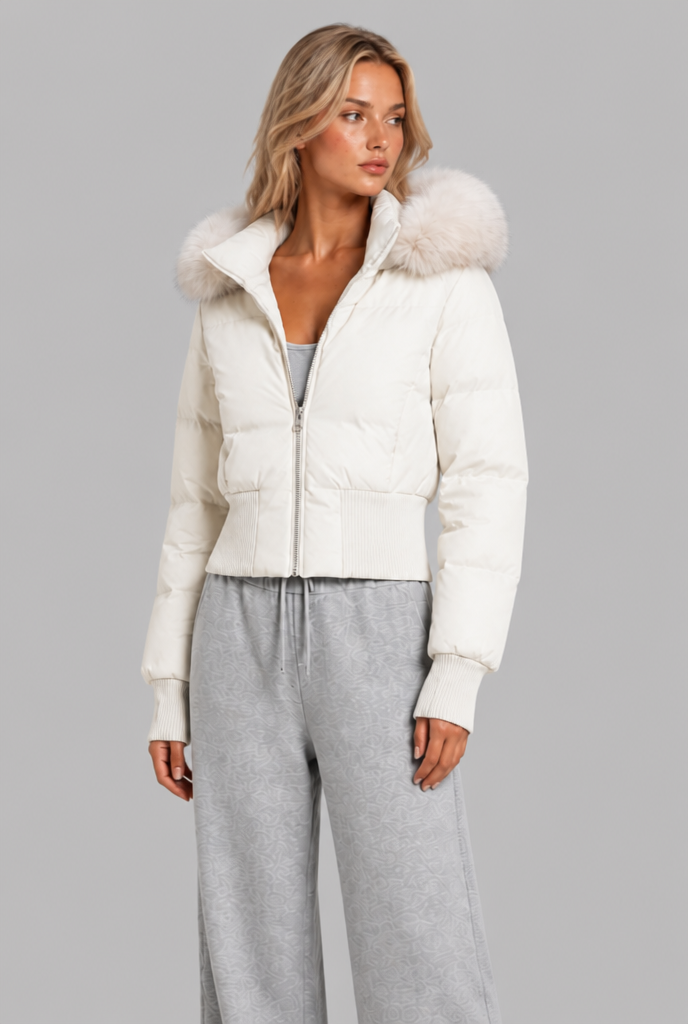 Cropped Puffer Jacket with Faux Fur Hood