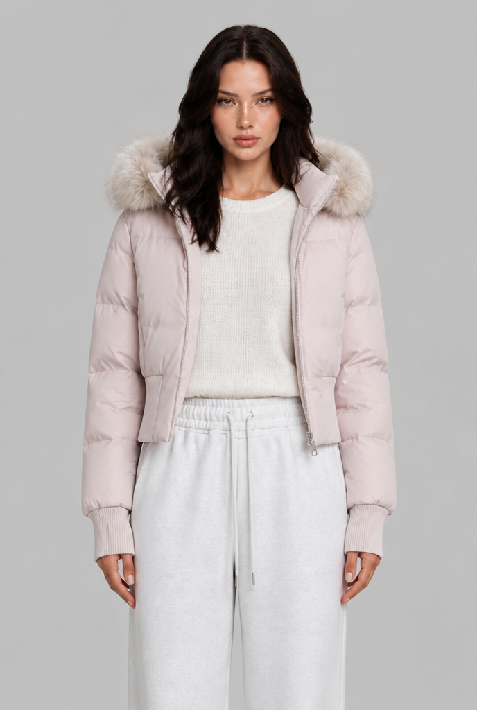 Cropped Puffer Jacket with Faux Fur Hood