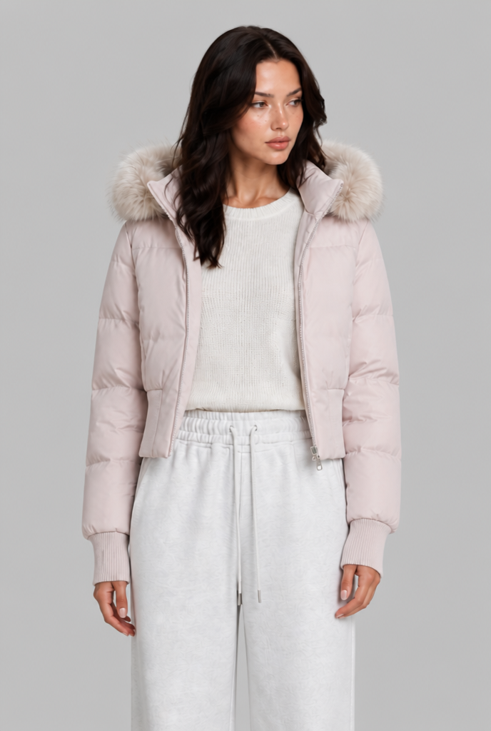 Cropped Puffer Jacket with Faux Fur Hood
