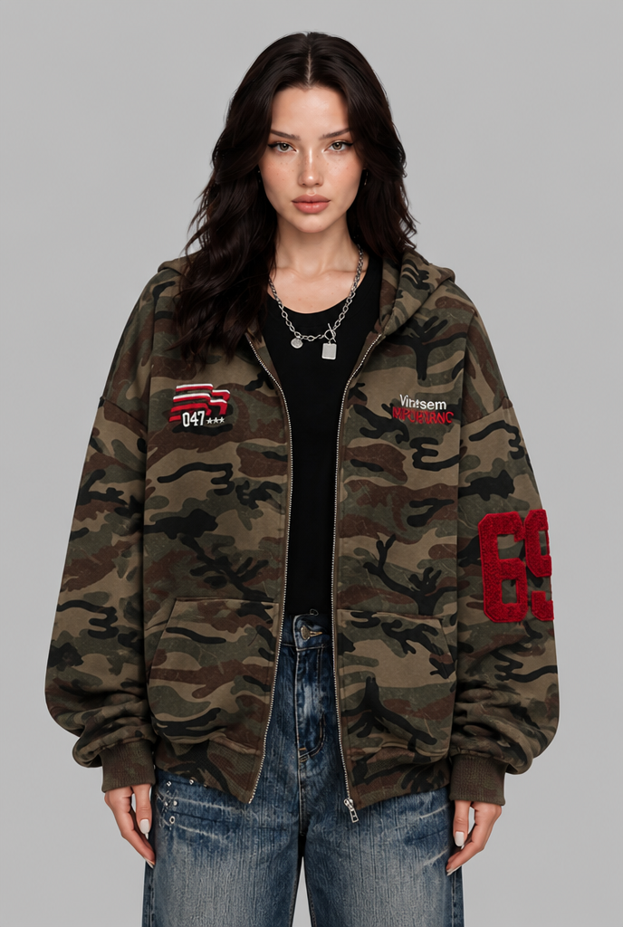 Camo Zip Up Hoodie with Varsity Patches