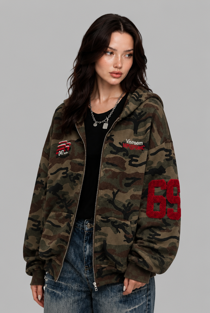 Camo Zip Up Hoodie with Varsity Patches